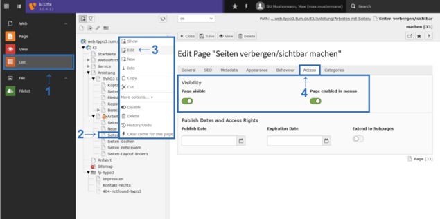 Screensho:t Verbergen über den Reiter "Access"